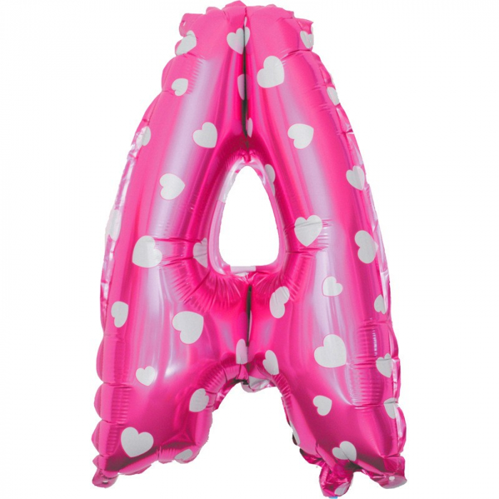 Balon Folie Metalizata Litera A, Flippy, 40 cm, Cu Imprimeu Inimioare, Umflati cu Heliu sau Aer, Ambalaj Individual, Pai inclus, Roz [1]