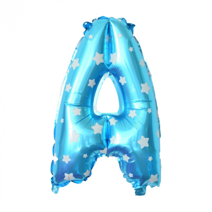 Balon Folie Metalizata Litera A, Flippy, 40 cm, Cu Imprimeu Stelute, Umflati cu Heliu sau Aer, Ambalaj Individual, Pai inclus, Albastru [2]