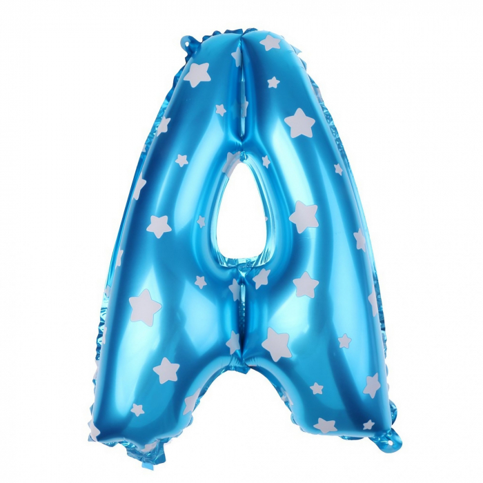 Balon Folie Metalizata Litera A, Flippy, 40 cm, Cu Imprimeu Stelute, Umflati cu Heliu sau Aer, Ambalaj Individual, Pai inclus, Albastru [1]