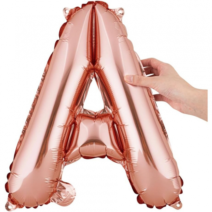 Balon Folie Metalizata Litera A, Flippy, 40 cm, Umflati cu Heliu sau Aer, Ambalaj Individual, Pai inclus, Rose Gold [8]