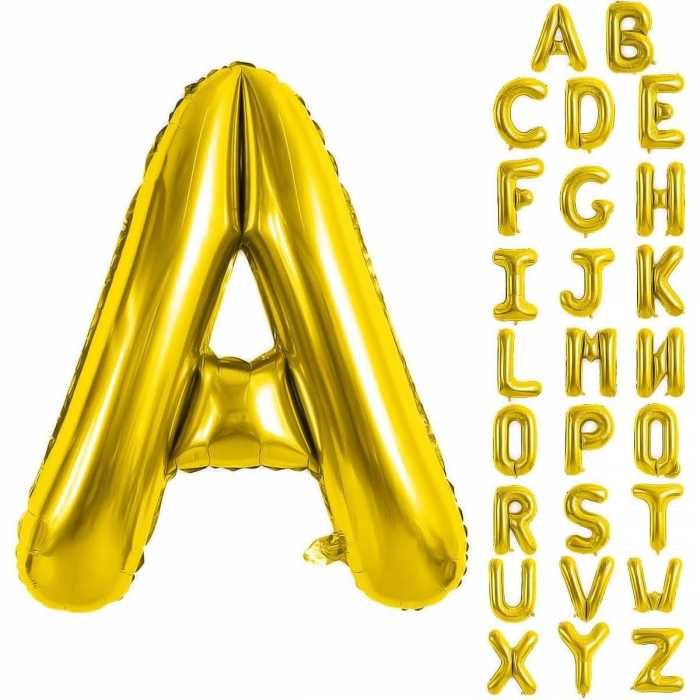 Balon Folie Metalizata Litera A, Flippy, 80 cm, Umflati cu Heliu sau Aer, Ambalaj Individual, Pai inclus, Auriu [15]