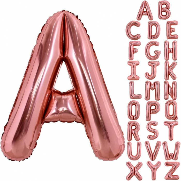 Balon Folie Metalizata Litera A, Flippy, 80 cm, Umflati cu Heliu sau Aer, Ambalaj Individual, Pai inclus, Rose Gold [4]