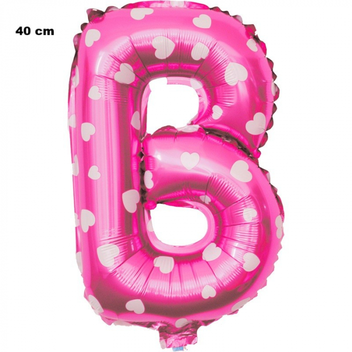 Balon Folie Metalizata Litera B, Flippy, 40 cm, Cu Imprimeu Inimioare, Umflati cu Heliu sau Aer, Ambalaj Individual, Pai inclus, Roz [2]
