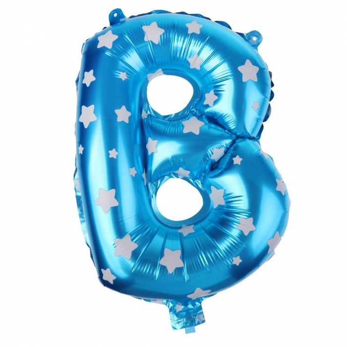 Balon Folie Metalizata Litera B, Flippy, 40 cm, Cu Imprimeu Stelute, Umflati cu Heliu sau Aer, Ambalaj Individual, Pai inclus, Albastru [3]