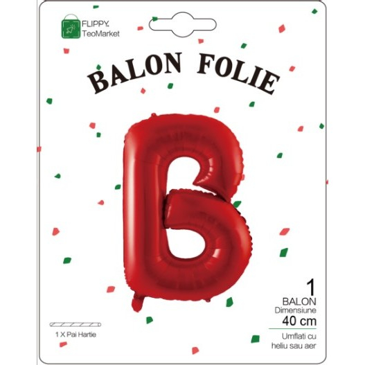 Balon Folie Metalizata Litera B, Flippy, 40 cm, Umflati cu Heliu sau Aer, Ambalaj Individual, Pai inclus, Rosu [2]