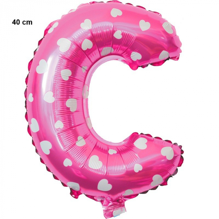 Balon Folie Metalizata Litera C, Flippy, 40 cm, Cu Imprimeu Inimioare, Umflati cu Heliu sau Aer, Ambalaj Individual, Pai inclus, Roz [2]