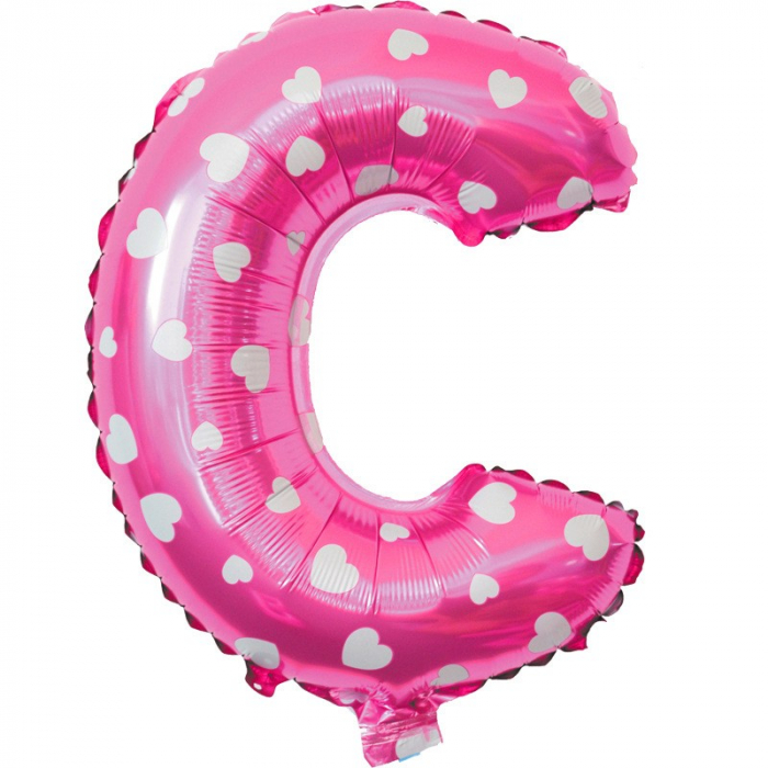 Balon Folie Metalizata Litera C, Flippy, 40 cm, Cu Imprimeu Inimioare, Umflati cu Heliu sau Aer, Ambalaj Individual, Pai inclus, Roz [3]