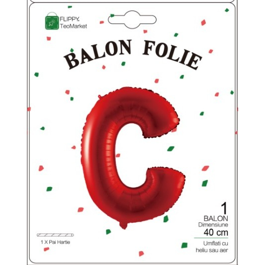 Balon Folie Metalizata Litera C, Flippy, 40 cm, Umflati cu Heliu sau Aer, Ambalaj Individual, Pai inclus, Rosu [2]