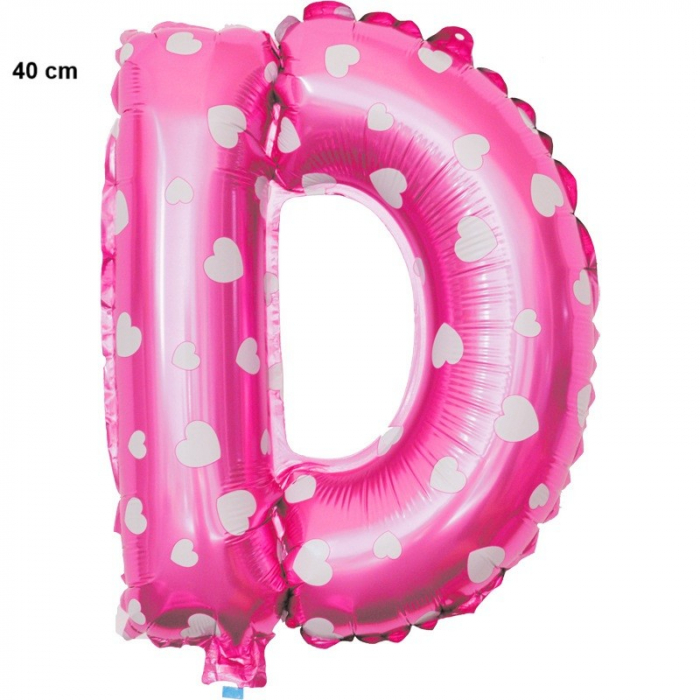 Balon Folie Metalizata Litera D, Flippy, 40 cm, Cu Imprimeu Inimioare, Umflati cu Heliu sau Aer, Ambalaj Individual, Pai inclus, Roz [2]