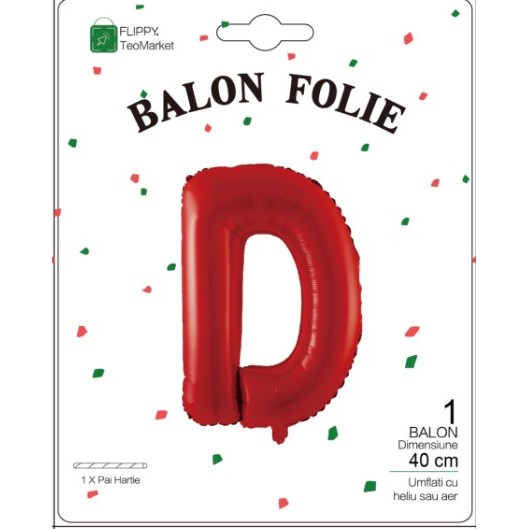 Balon Folie Metalizata Litera D, Flippy, 40 cm, Umflati cu Heliu sau Aer, Ambalaj Individual, Pai inclus, Rosu [2]