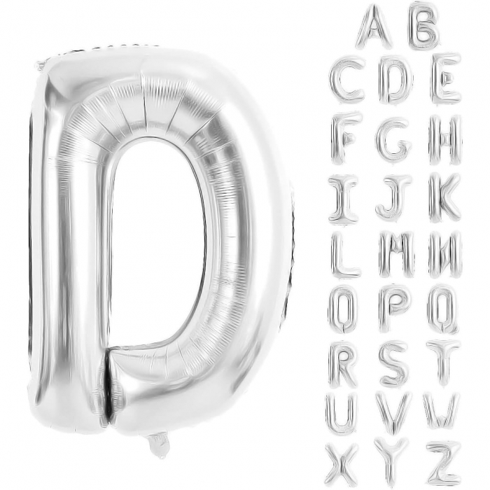 Balon Folie Metalizata Litera D, Flippy, 80 cm, Umflati cu Heliu sau Aer, Ambalaj Individual, Pai inclus, Argintiu [8]