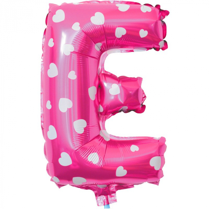 Balon Folie Metalizata Litera E, Flippy, 40 cm, Cu Imprimeu Inimioare, Umflati cu Heliu sau Aer, Ambalaj Individual, Pai inclus, Roz [3]