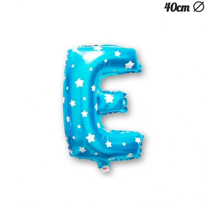 Balon Folie Metalizata Litera E, Flippy, 40 cm, Cu Imprimeu Stelute, Umflati cu Heliu sau Aer, Ambalaj Individual, Pai inclus, Albastru [3]