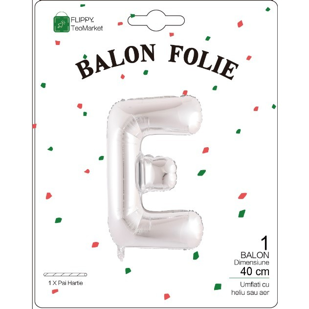 Balon Folie Metalizata Litera E, Flippy, 40 cm, Umflati cu Heliu sau Aer, Ambalaj Individual, Pai inclus, Argintiu [2]