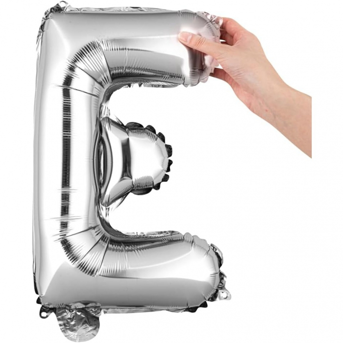Balon Folie Metalizata Litera E, Flippy, 80 cm, Umflati cu Heliu sau Aer, Ambalaj Individual, Pai inclus, Argintiu [7]