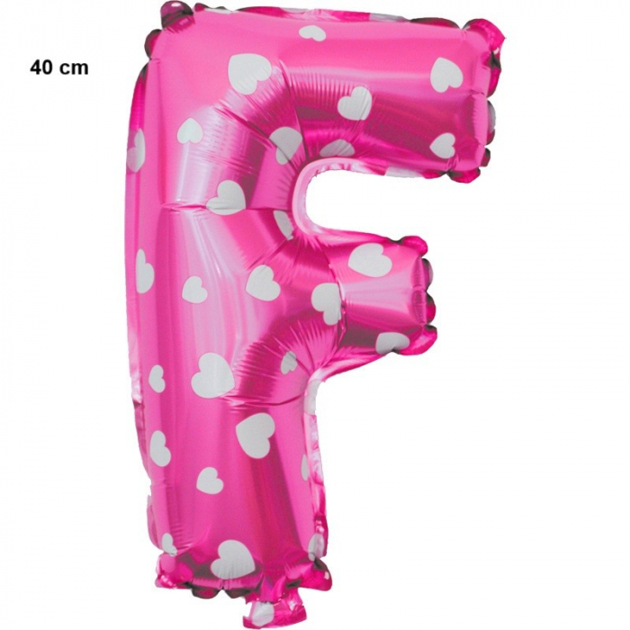 Balon Folie Metalizata Litera F, Flippy, 40 cm, Cu Imprimeu Inimioare, Umflati cu Heliu sau Aer, Ambalaj Individual, Pai inclus, Roz [2]