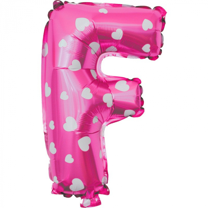 Balon Folie Metalizata Litera F, Flippy, 40 cm, Cu Imprimeu Inimioare, Umflati cu Heliu sau Aer, Ambalaj Individual, Pai inclus, Roz [1]