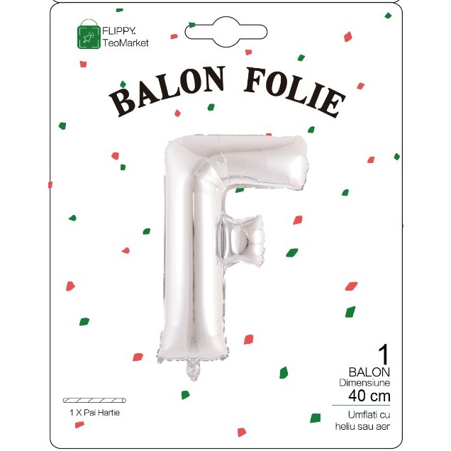 Balon Folie Metalizata Litera F, Flippy, 40 cm, Umflati cu Heliu sau Aer, Ambalaj Individual, Pai inclus, Argintiu [2]