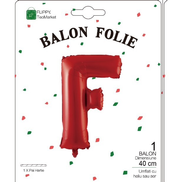 Balon Folie Metalizata Litera F, Flippy, 40 cm, Umflati cu Heliu sau Aer, Ambalaj Individual, Pai inclus, Rosu [2]