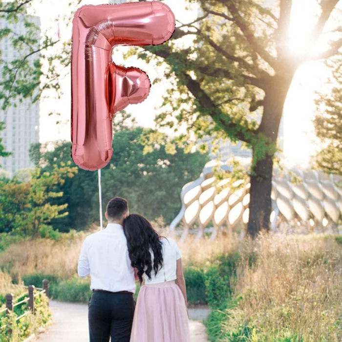 Balon Folie Metalizata Litera F, Flippy, 80 cm, Umflati cu Heliu sau Aer, Ambalaj Individual, Pai inclus, Rose Gold [3]