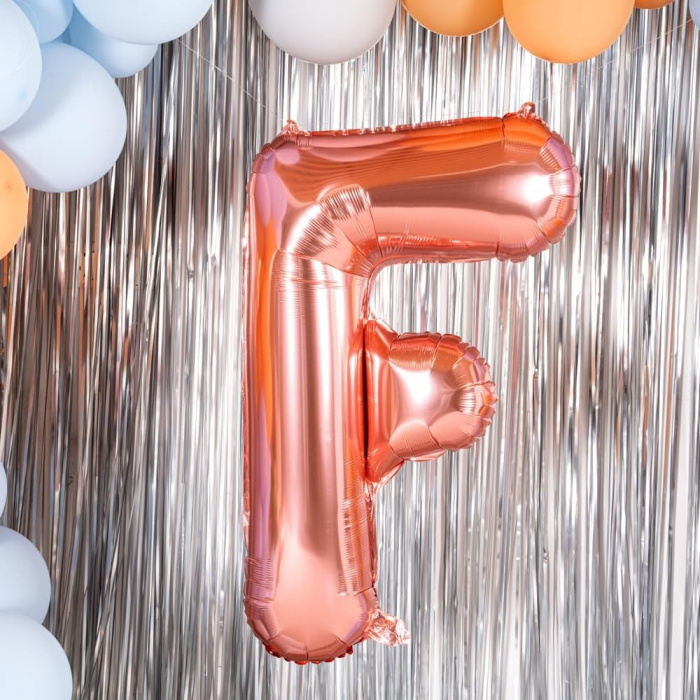 Balon Folie Metalizata Litera F, Flippy, 80 cm, Umflati cu Heliu sau Aer, Ambalaj Individual, Pai inclus, Rose Gold [7]