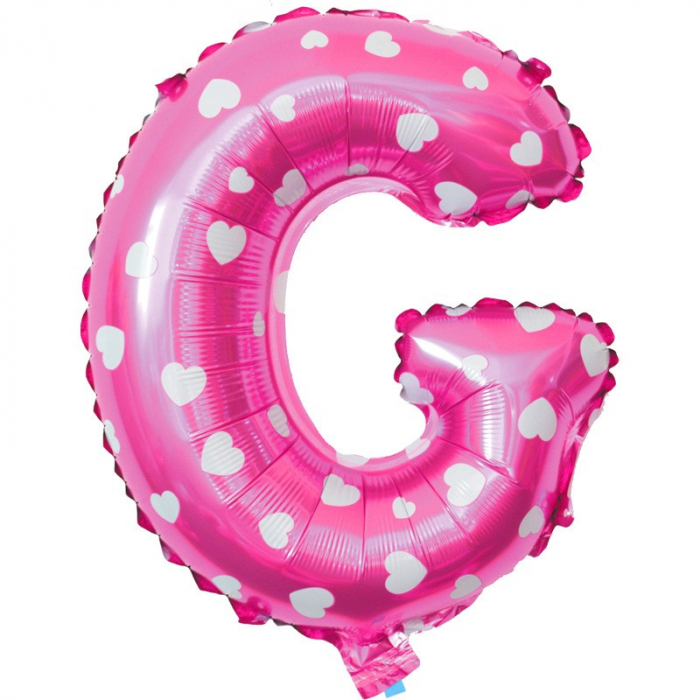 Balon Folie Metalizata Litera G, Flippy, 40 cm, Cu Imprimeu Inimioare, Umflati cu Heliu sau Aer, Ambalaj Individual, Pai inclus, Roz [1]