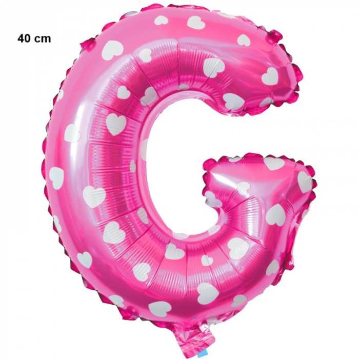 Balon Folie Metalizata Litera G, Flippy, 40 cm, Cu Imprimeu Inimioare, Umflati cu Heliu sau Aer, Ambalaj Individual, Pai inclus, Roz [2]