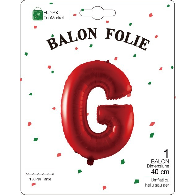 Balon Folie Metalizata Litera G, Flippy, 40 cm, Umflati cu Heliu sau Aer, Ambalaj Individual, Pai inclus, Rosu [2]
