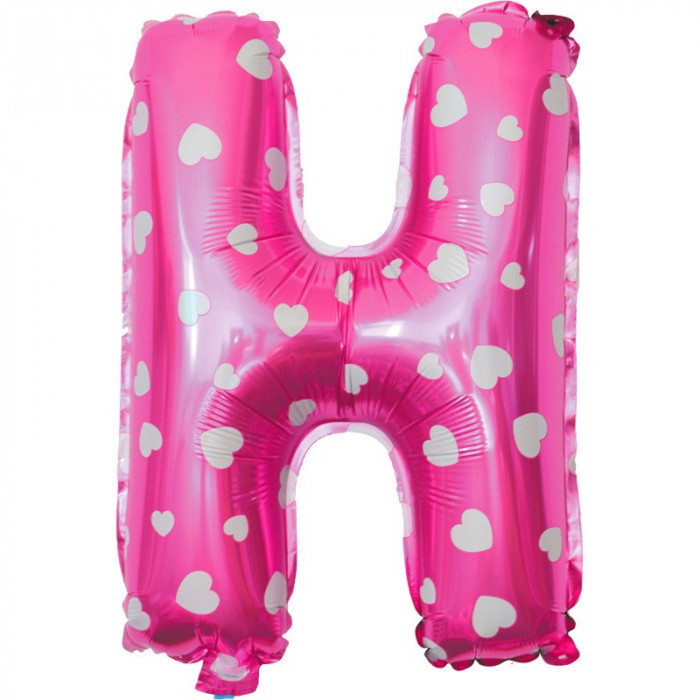 Balon Folie Metalizata Litera H, Flippy, 40 cm, Cu Imprimeu Inimioare, Umflati cu Heliu sau Aer, Ambalaj Individual, Pai inclus, Roz [3]