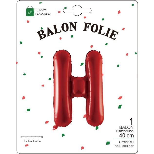 Balon Folie Metalizata Litera H, Flippy, 40 cm, Umflati cu Heliu sau Aer, Ambalaj Individual, Pai inclus, Rosu [2]