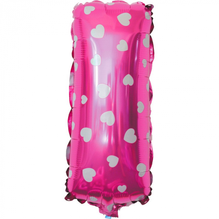 Balon Folie Metalizata Litera I, Flippy, 40 cm, Cu Imprimeu Inimioare, Umflati cu Heliu sau Aer, Ambalaj Individual, Pai inclus, Roz [3]