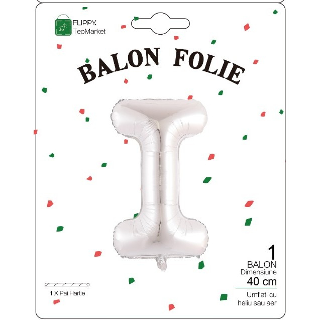 Balon Folie Metalizata Litera I, Flippy, 40 cm, Umflati cu Heliu sau Aer, Ambalaj Individual, Pai inclus, Argintiu [2]
