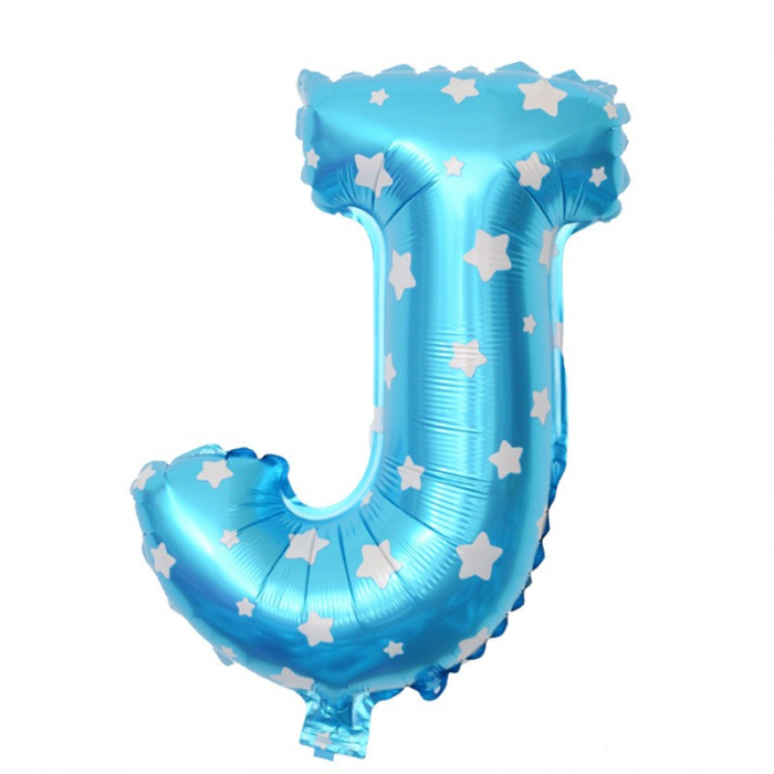 Balon Folie Metalizata Litera J, Flippy, 40 cm, Cu Imprimeu Stelute, Umflati cu Heliu sau Aer, Ambalaj Individual, Pai inclus, Albastru [1]