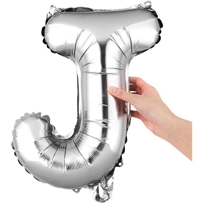 Balon Folie Metalizata Litera J, Flippy, 80 cm, Umflati cu Heliu sau Aer, Ambalaj Individual, Pai inclus, Argintiu [7]