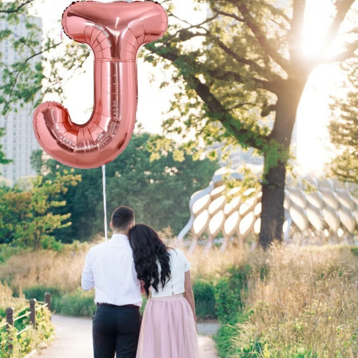 Balon Folie Metalizata Litera J, Flippy, 80 cm, Umflati cu Heliu sau Aer, Ambalaj Individual, Pai inclus, Rose Gold [3]