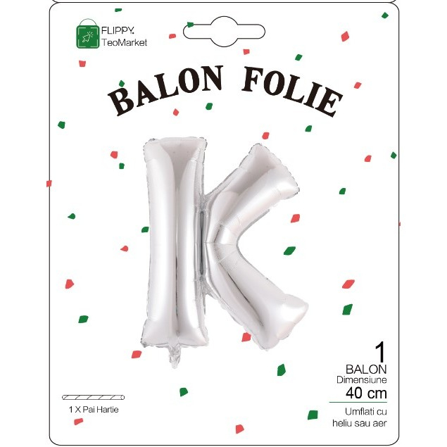 Balon Folie Metalizata Litera K, Flippy, 40 cm, Umflati cu Heliu sau Aer, Ambalaj Individual, Pai inclus, Argintiu [2]
