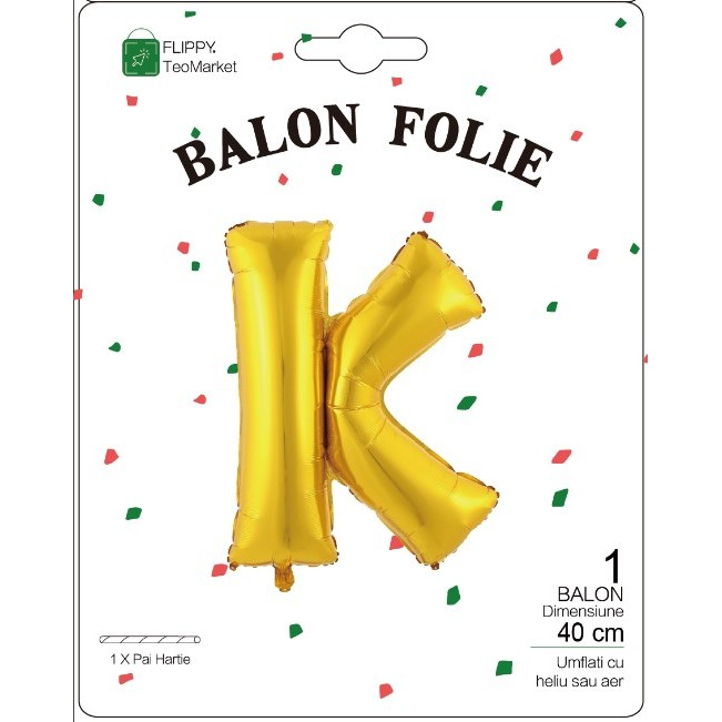 Balon Folie Metalizata Litera K, Flippy, 40 cm, Umflati cu Heliu sau Aer, Ambalaj Individual, Pai inclus, Auriu [2]