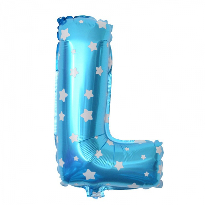 Balon Folie Metalizata Litera L, Flippy, 40 cm, Cu Imprimeu Stelute, Umflati cu Heliu sau Aer, Ambalaj Individual, Pai inclus, Albastru [1]