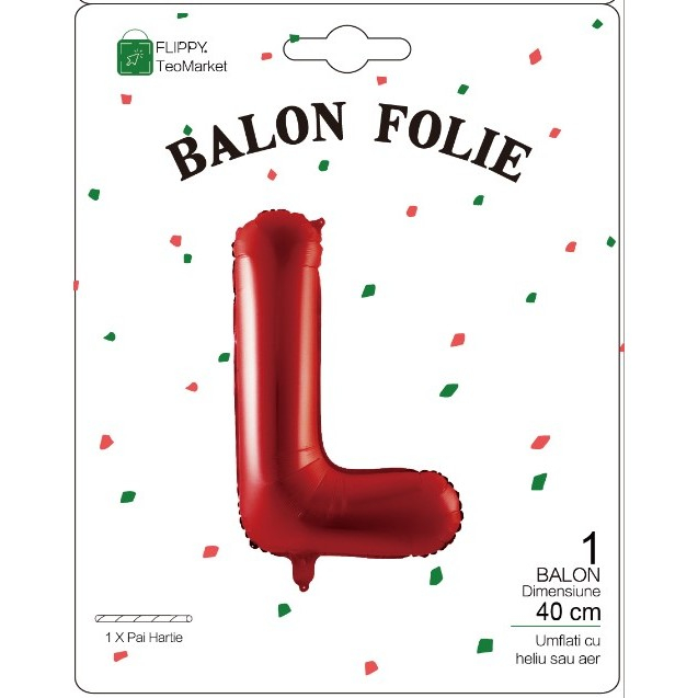 Balon Folie Metalizata Litera L, Flippy, 40 cm, Umflati cu Heliu sau Aer, Ambalaj Individual, Pai inclus, Rosu [2]