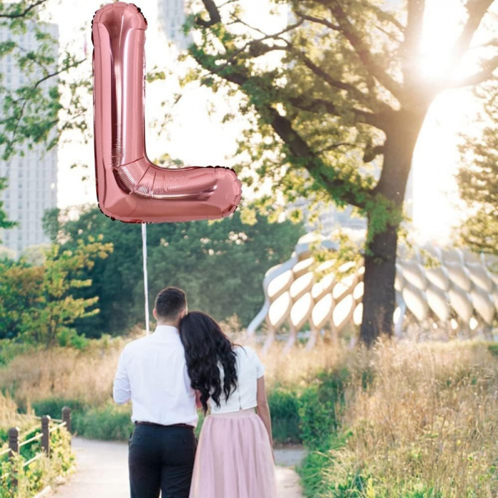 Balon Folie Metalizata Litera L, Flippy, 80 cm, Umflati cu Heliu sau Aer, Ambalaj Individual, Pai inclus, Rose Gold [2]