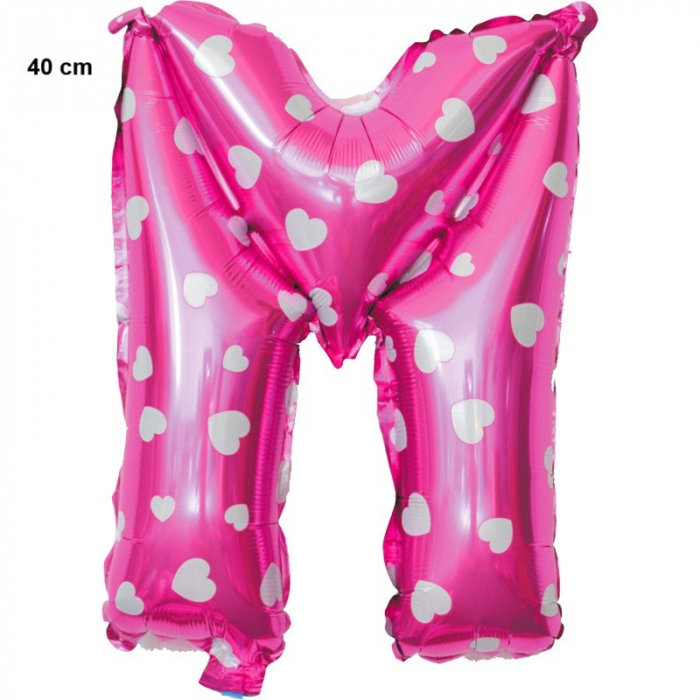 Balon Folie Metalizata Litera M, Flippy, 40 cm, Cu Imprimeu Inimioare, Umflati cu Heliu sau Aer, Ambalaj Individual, Pai inclus, Roz [2]