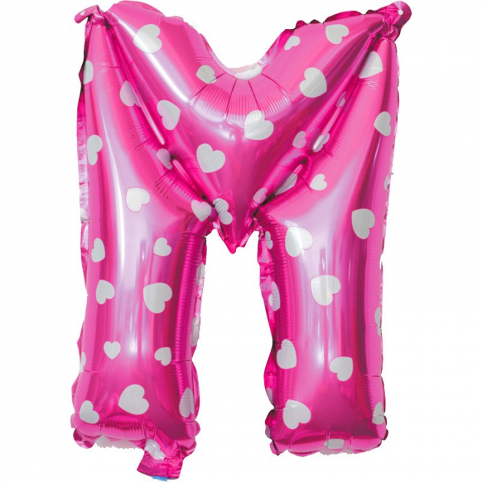 Balon Folie Metalizata Litera M, Flippy, 40 cm, Cu Imprimeu Inimioare, Umflati cu Heliu sau Aer, Ambalaj Individual, Pai inclus, Roz [3]