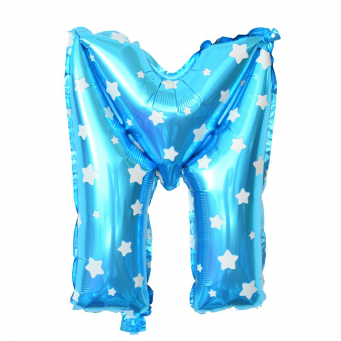 Balon Folie Metalizata Litera M, Flippy, 40 cm, Cu Imprimeu Stelute, Umflati cu Heliu sau Aer, Ambalaj Individual, Pai inclus, Albastru [3]