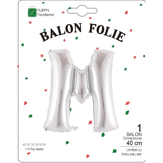 Balon Folie Metalizata Litera M, Flippy, 40 cm, Umflati cu Heliu sau Aer, Ambalaj Individual, Pai inclus, Argintiu [2]