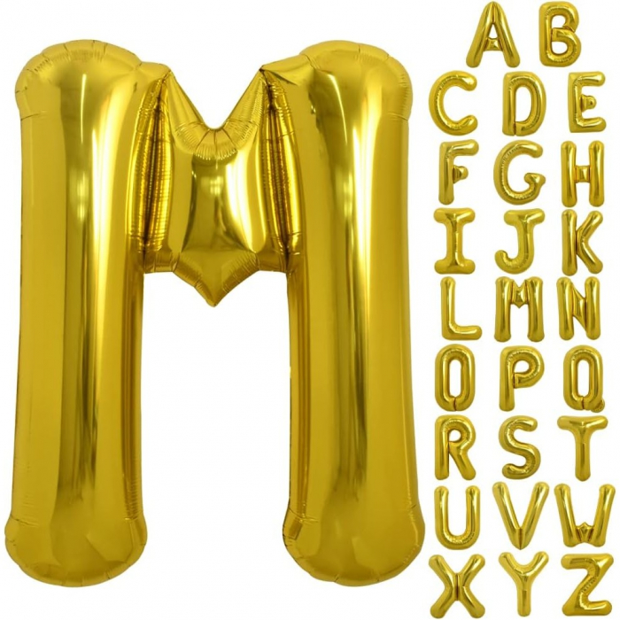 Balon Folie Metalizata Litera M, Flippy, 80 cm, Umflati cu Heliu sau Aer, Ambalaj Individual, Pai inclus, Auriu [8]