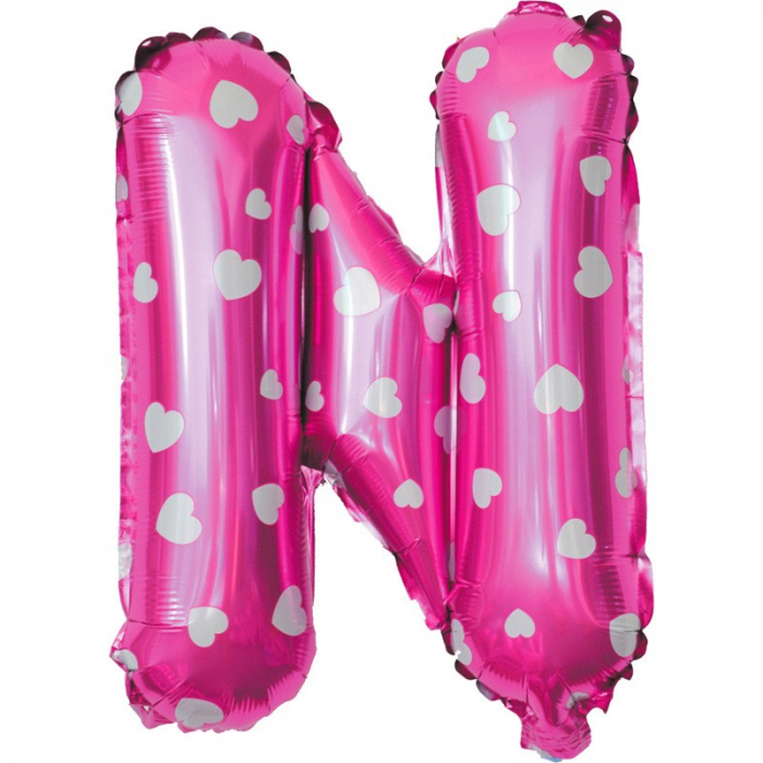 Balon Folie Metalizata Litera N, Flippy, 40 cm, Cu Imprimeu Inimioare, Umflati cu Heliu sau Aer, Ambalaj Individual, Pai inclus, Roz [3]