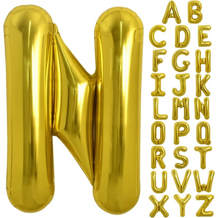 Balon Folie Metalizata Litera N, Flippy, 40 cm, Umflati cu Heliu sau Aer, Ambalaj Individual, Pai inclus, Auriu [5]