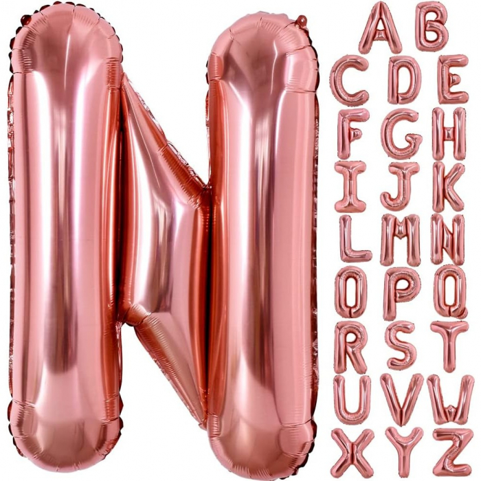 Balon Folie Metalizata Litera N, Flippy, 80 cm, Umflati cu Heliu sau Aer, Ambalaj Individual, Pai inclus, Rose Gold [4]