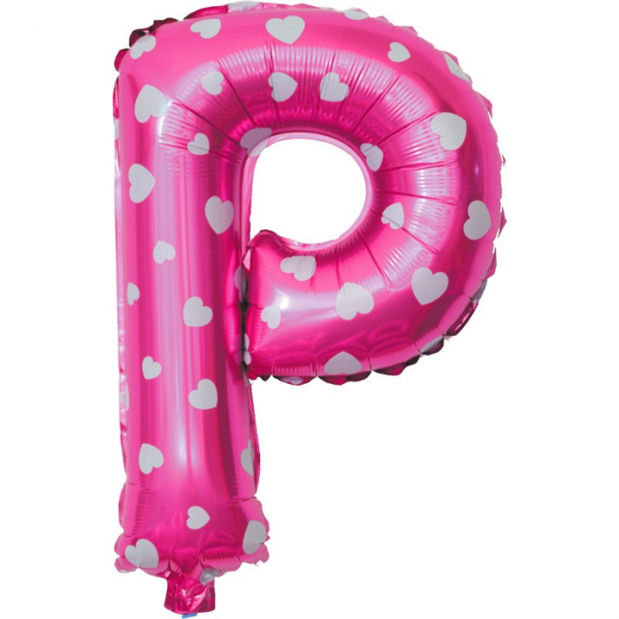 Balon Folie Metalizata Litera P, Flippy, 40 cm, Cu Imprimeu Inimioare, Umflati cu Heliu sau Aer, Ambalaj Individual, Pai inclus, Roz [1]