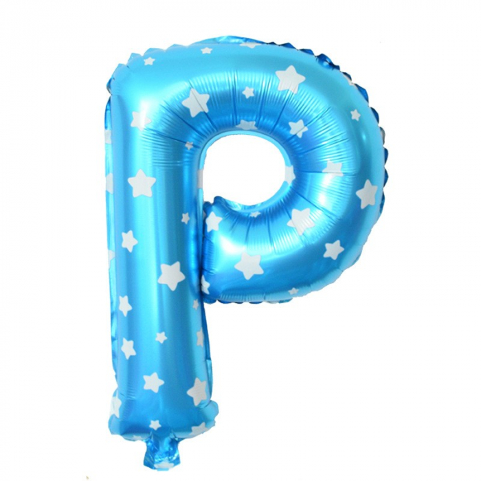 Balon Folie Metalizata Litera P, Flippy, 40 cm, Cu Imprimeu Stelute, Umflati cu Heliu sau Aer, Ambalaj Individual, Pai inclus, Albastru [3]